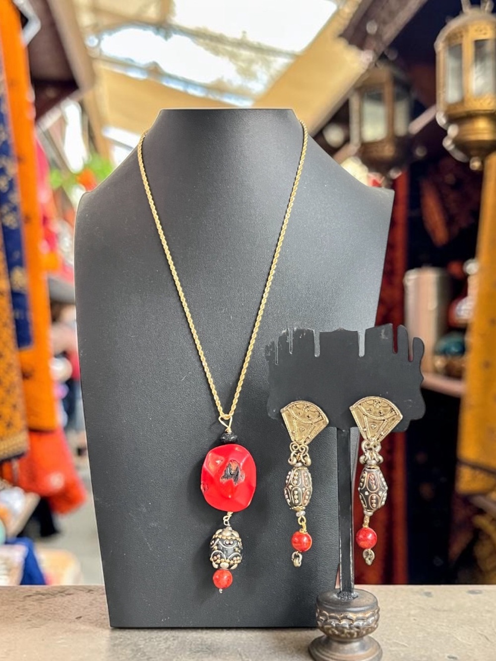 Upcycled Large Bamboo Coral and Sponge Coral Indian Bead Necklace & Earring Set